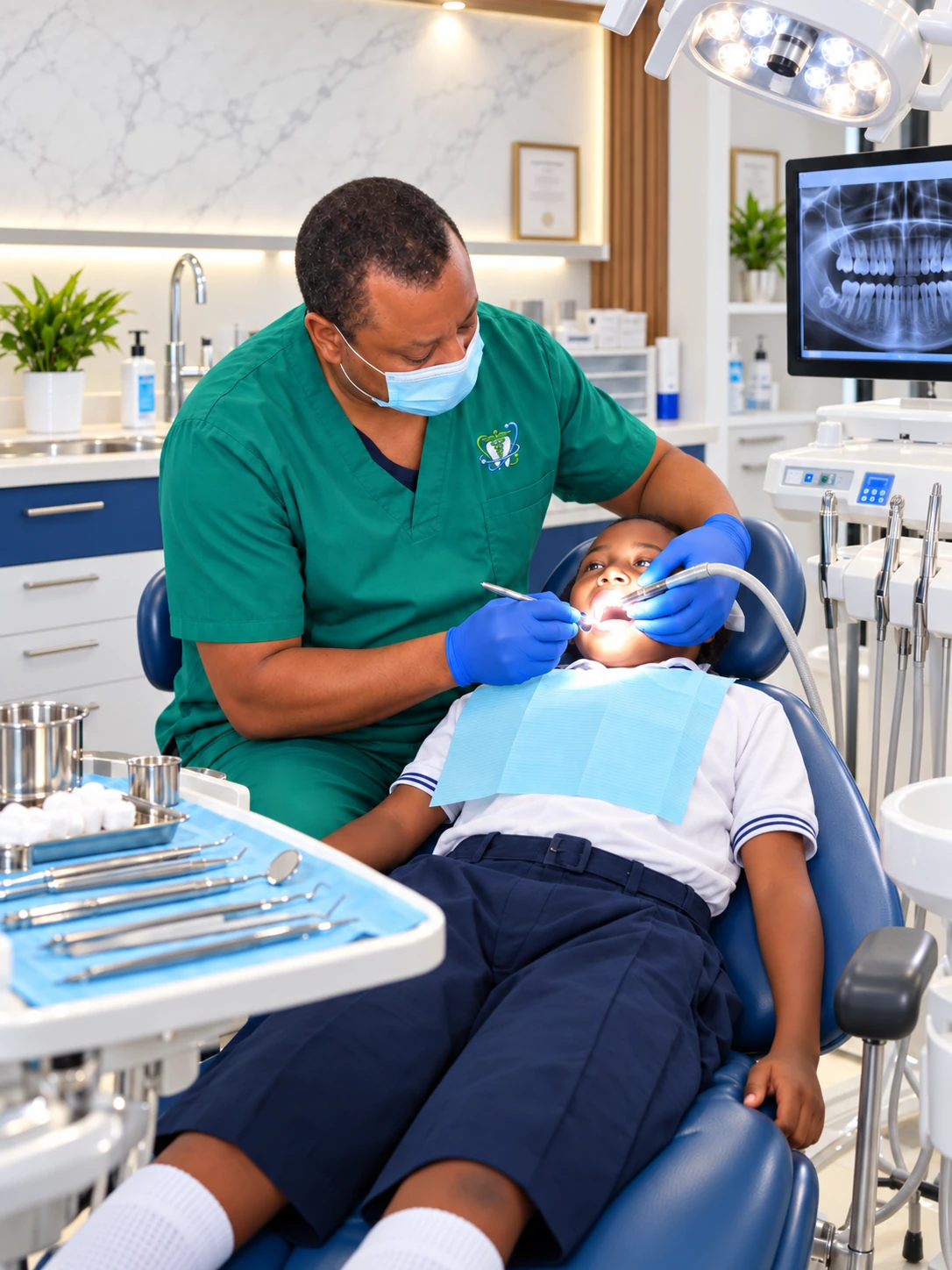 Le Dr Louis Joseph Junior examine un jeune patient à Family Clinique Bucco-Dentaire.