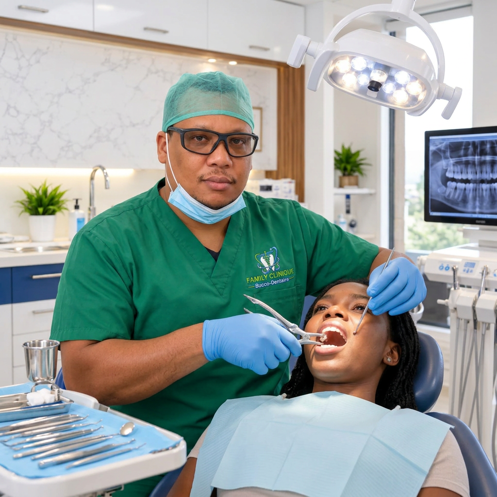 Le Dr Louis Joseph Junior extrait une dent d'une patiente en salle de traitement.