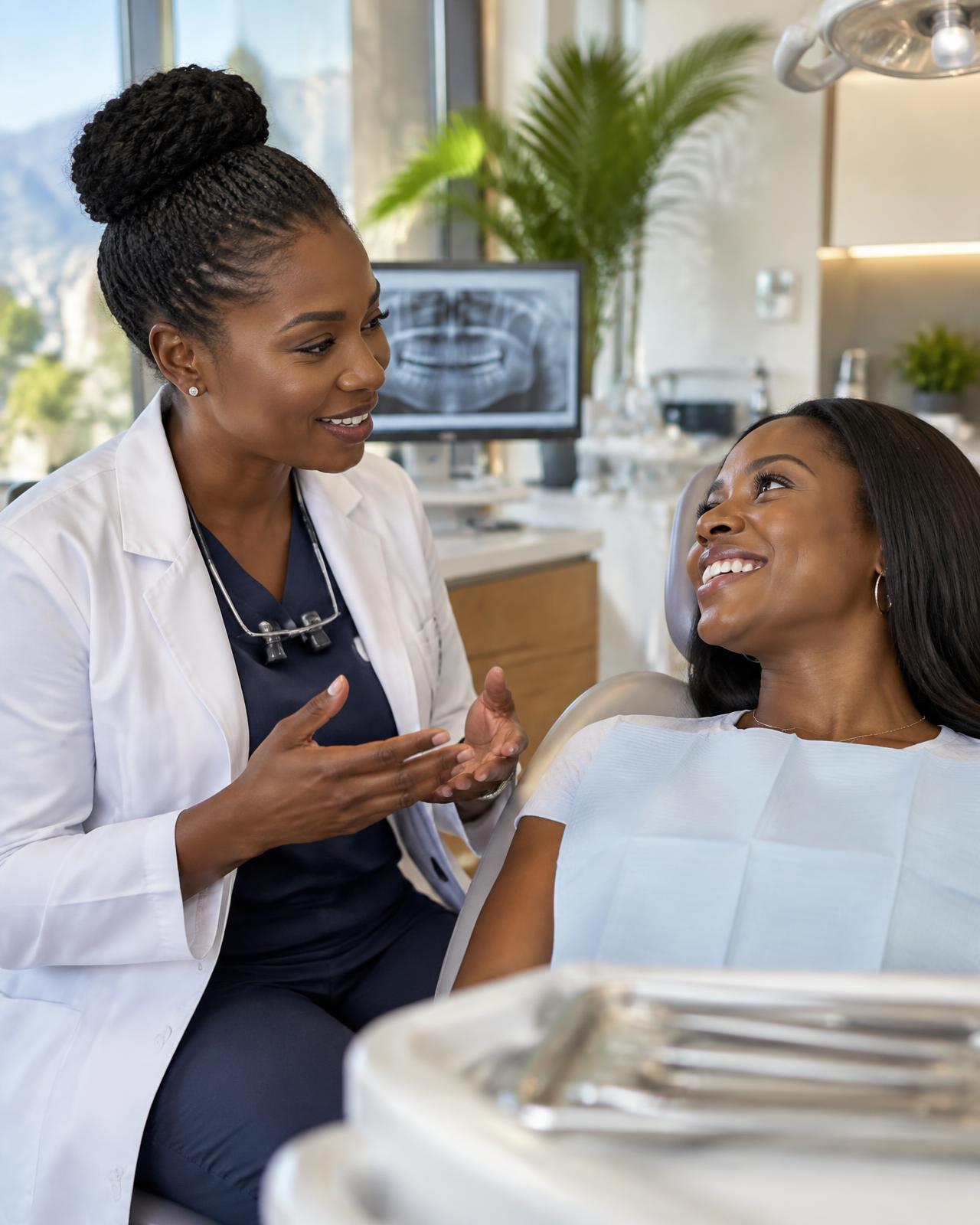 Une dentiste explique un soin à une patiente souriante installée dans un fauteuil dentaire.