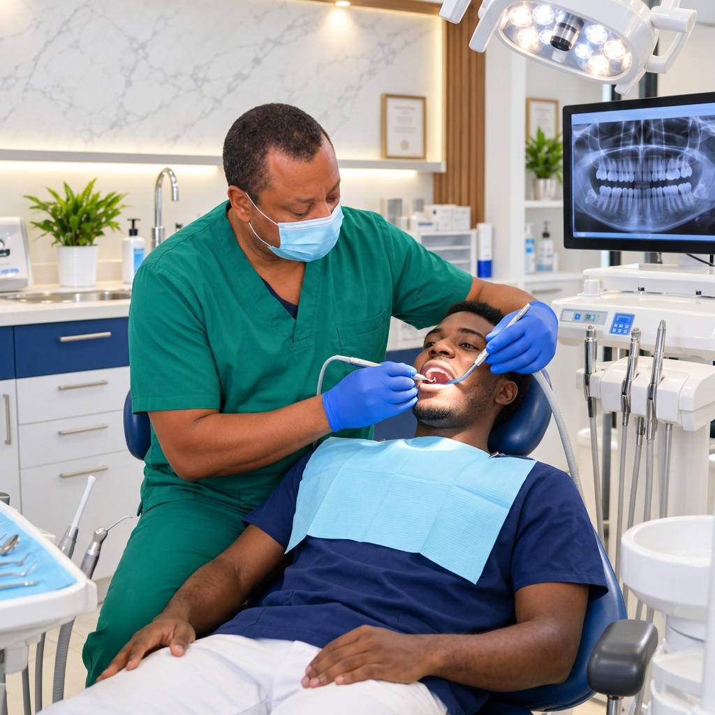 Le Dr Louis Joseph Junior réalise un détartrage professionnel.