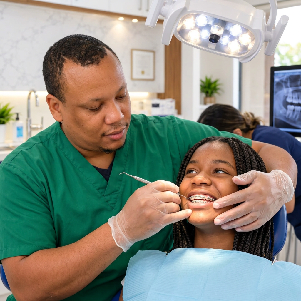 Le Dr Louis Joseph Junior ajuste l'appareil orthodontique d'une adolescente.